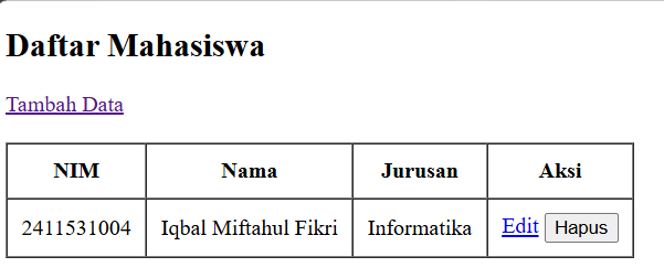 Output daftar mahasiswa setelah hapus data